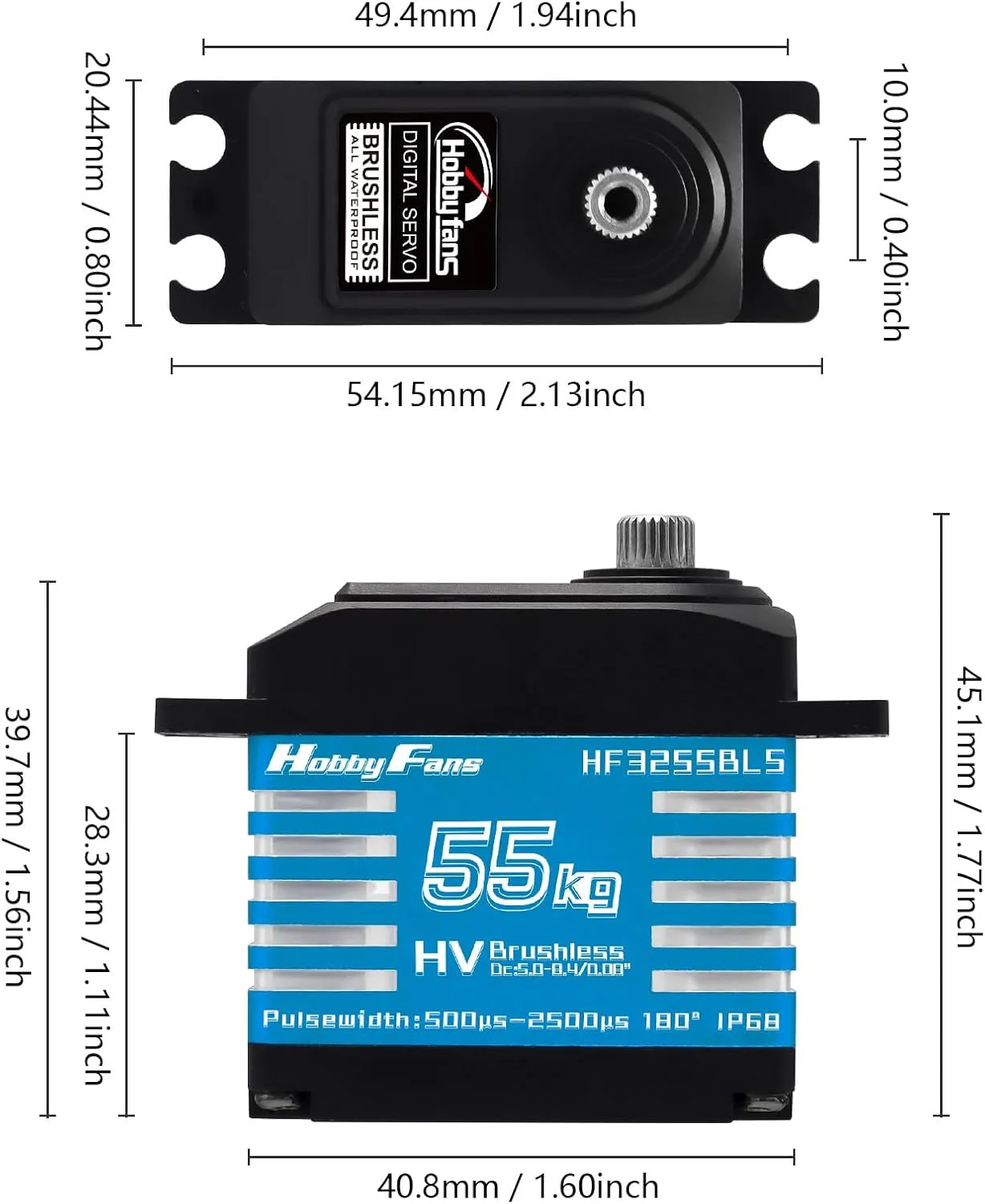Hobby Fans RC Digital Servo, IP68 Waterproof 55KG Brushless Servo High Torque Metal Gear Servo with 2PCS 25T Servo Horn for 1/12 1/10 1/8 RC Car RC Crawler Robot Boat, Blue