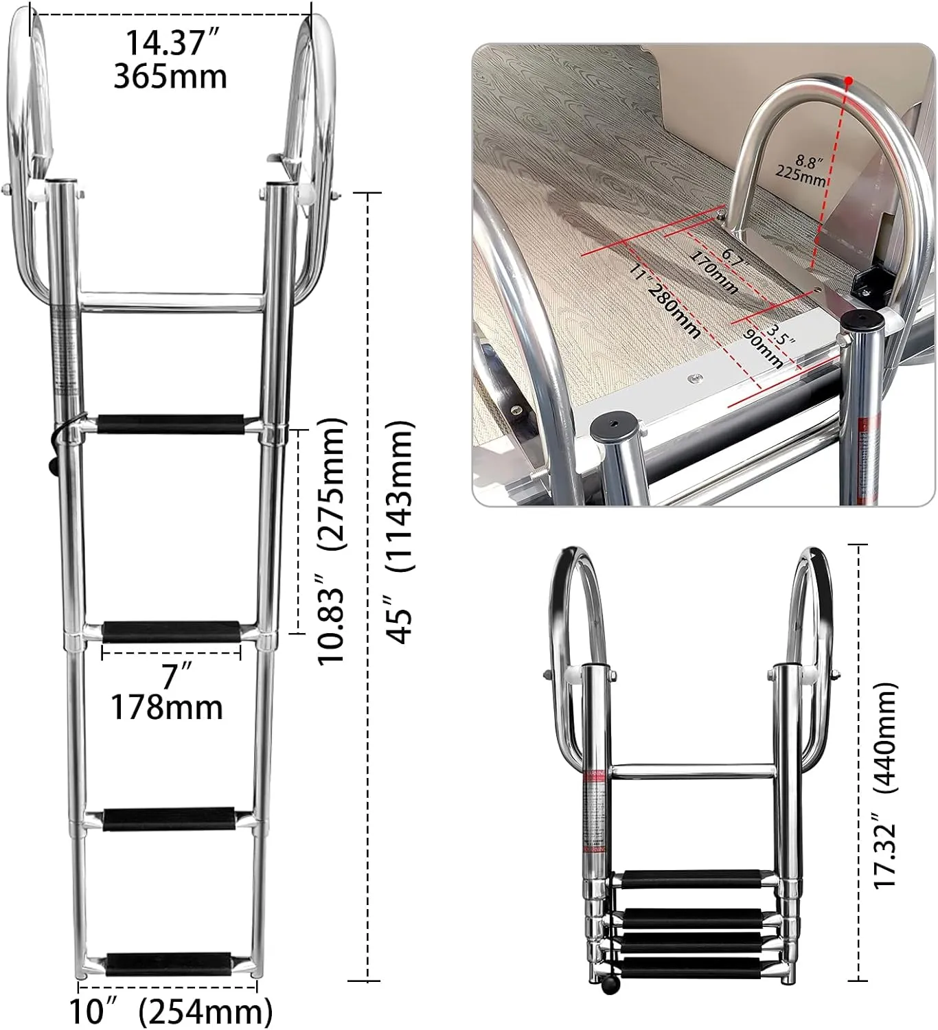 Hoffen 4 Step Pontoon Boat Ladder, Stainless Steel Telescoping Folding Ladder with Pedal and Safe Handrails