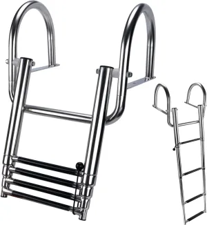 Hoffen 4 Step Pontoon Boat Ladder, Stainless Steel Telescoping Folding Ladder with Pedal and Safe Handrails