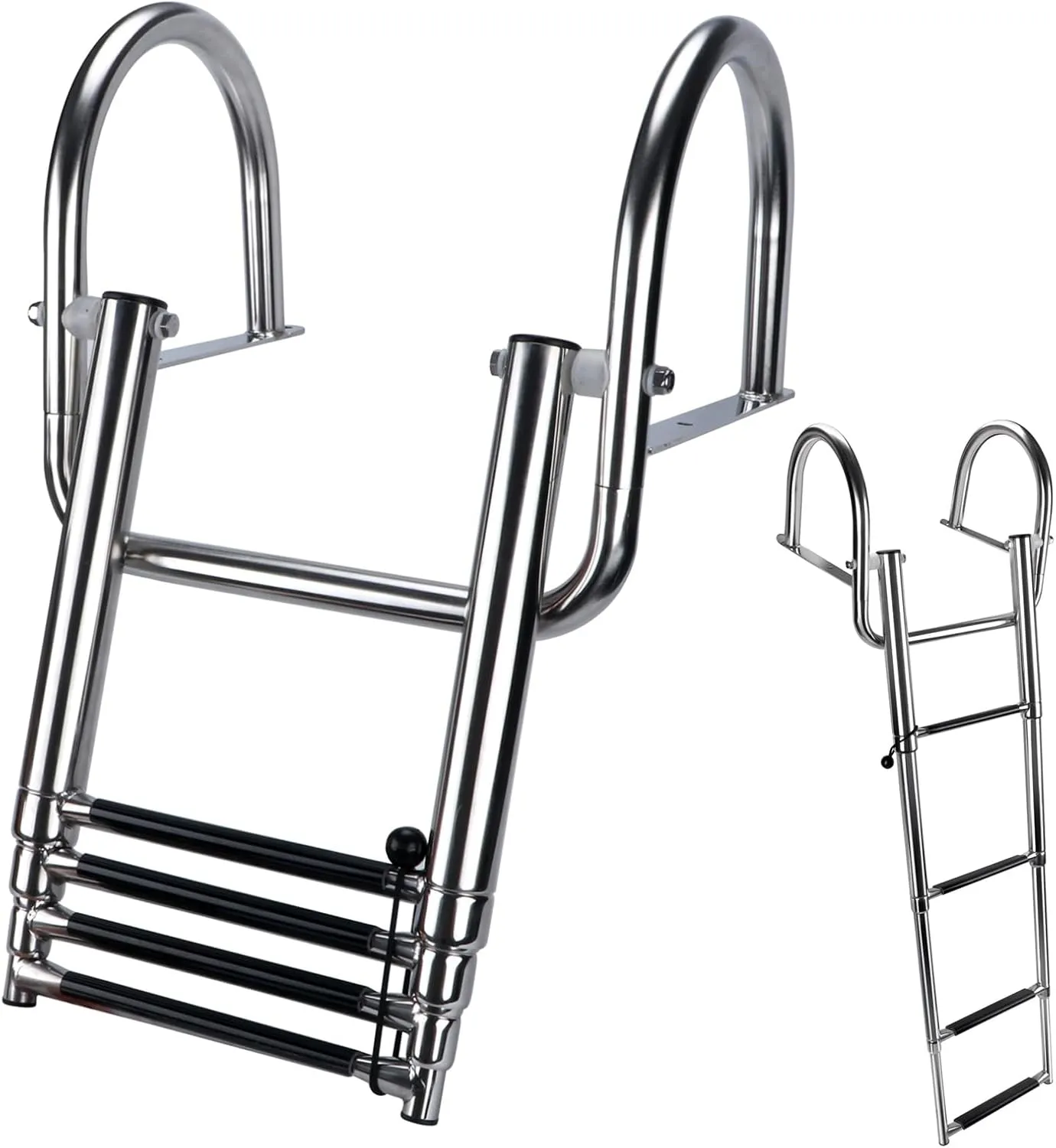 Hoffen 4 Step Pontoon Boat Ladder, Stainless Steel Telescoping Folding Ladder with Pedal and Safe Handrails