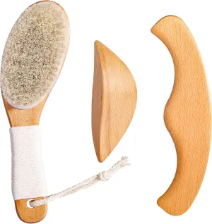 Horsehair Dry Brushing Body Brush Set for Lymphatic Drainage - Non-Slip Contoured Handle Dry Brush   Wooden Body Massage Tools. Gua Sha Stick, Maderotherapy Kit, Anti-Cellulite, and Body Detox.