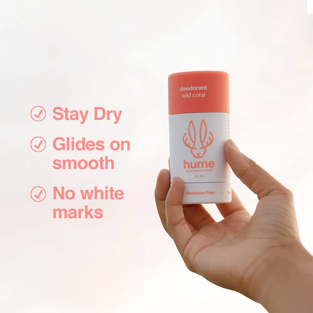 Hume Supernatural Aluminum Free Deodorant for Women & Men - Safe for Sensitive Skin - Probiotic, Plant-Based, Baking Soda Free, Aloe, & Cactus Flower, Anti Sweat, Stain & Odor - Wild Coral, 3-Pack