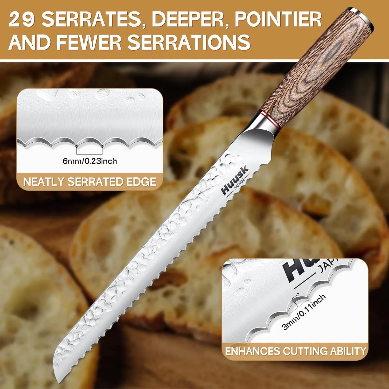 Huusk Bread Knife 10-Inch Japan Professional High Carbon Steel Hand forged Ultra Sharp Serrated Knife Wide Wavy Edge Bread Slicing Knife for Homemade Bread Cake Father's Day Christmas Gift