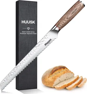 Huusk Bread Knife 10-Inch Japan Professional High Carbon Steel Hand forged Ultra Sharp Serrated Knife Wide Wavy Edge Bread Slicing Knife for Homemade Bread Cake Father's Day Christmas Gift