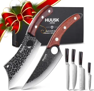 Huusk Japanese Knife Set 6pcs, Kitchen Knife Set with Gift Box, Butcher Knife Set for Meat Cutting, Cooking Knife Set with Meat Cleaver, Chef Knives Set Professional, Cool Mens Knife Gift Set