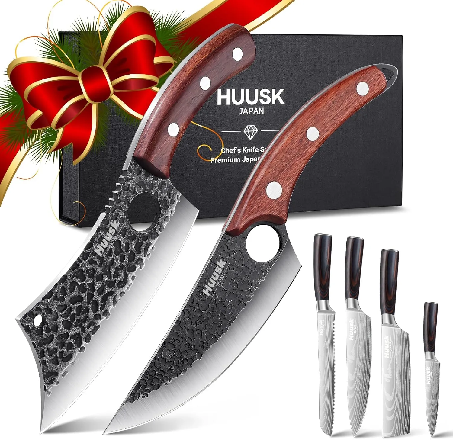Huusk Japanese Knife Set 6pcs, Kitchen Knife Set with Gift Box, Butcher Knife Set for Meat Cutting, Cooking Knife Set with Meat Cleaver, Chef Knives Set Professional, Cool Mens Knife Gift Set
