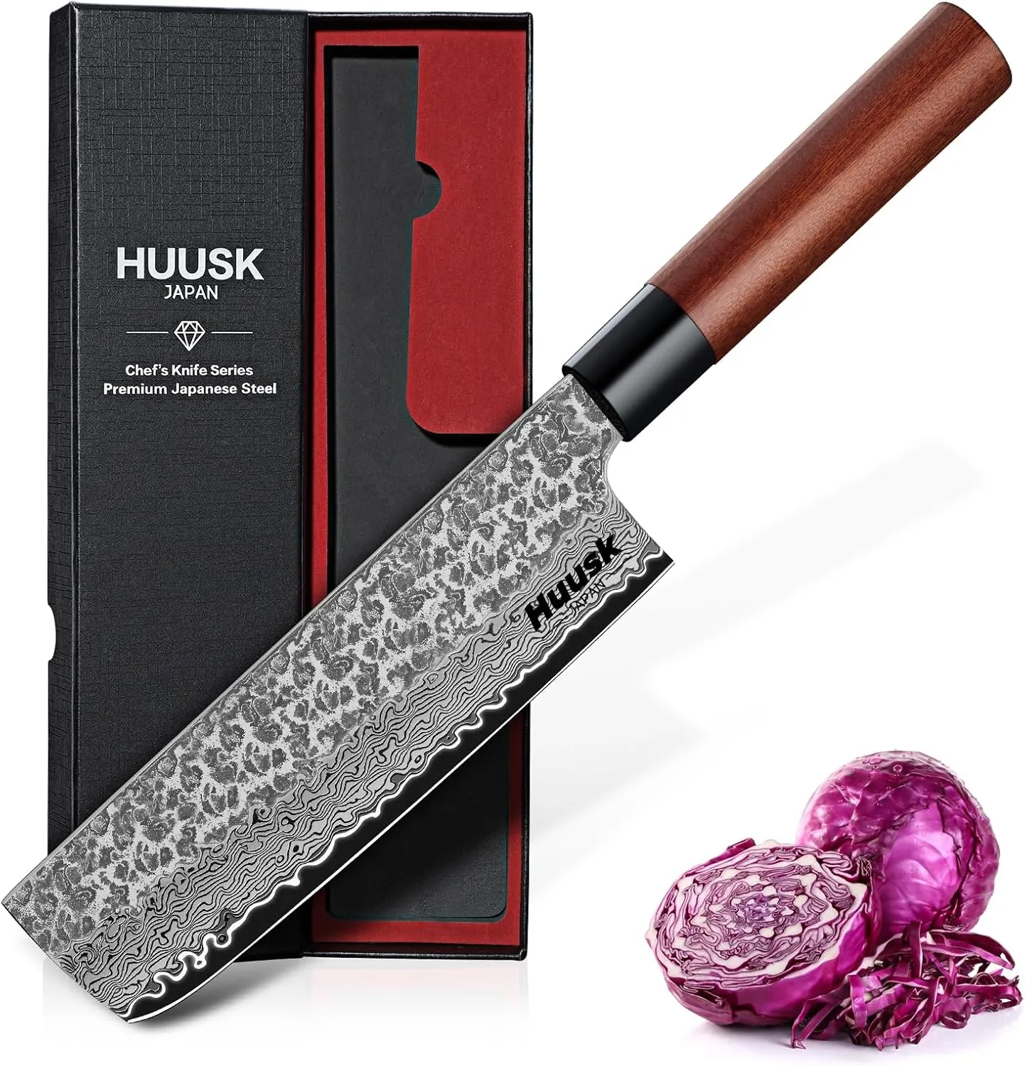 Huusk Japanese Nakiri Knife 7-Inch - Hand Forged Meat Cleaver Vegetable Chopping Knife, VG10 Damascus Chef Knives with Rosewood Handle, Japanese Kitchen Knives for Cooking, Father's Day Gifts for Men