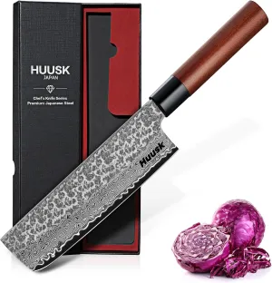 Huusk Japanese Nakiri Knife 7-Inch - Hand Forged Meat Cleaver Vegetable Chopping Knife, VG10 Damascus Chef Knives with Rosewood Handle, Japanese Kitchen Knives for Cooking, Father's Day Gifts for Men