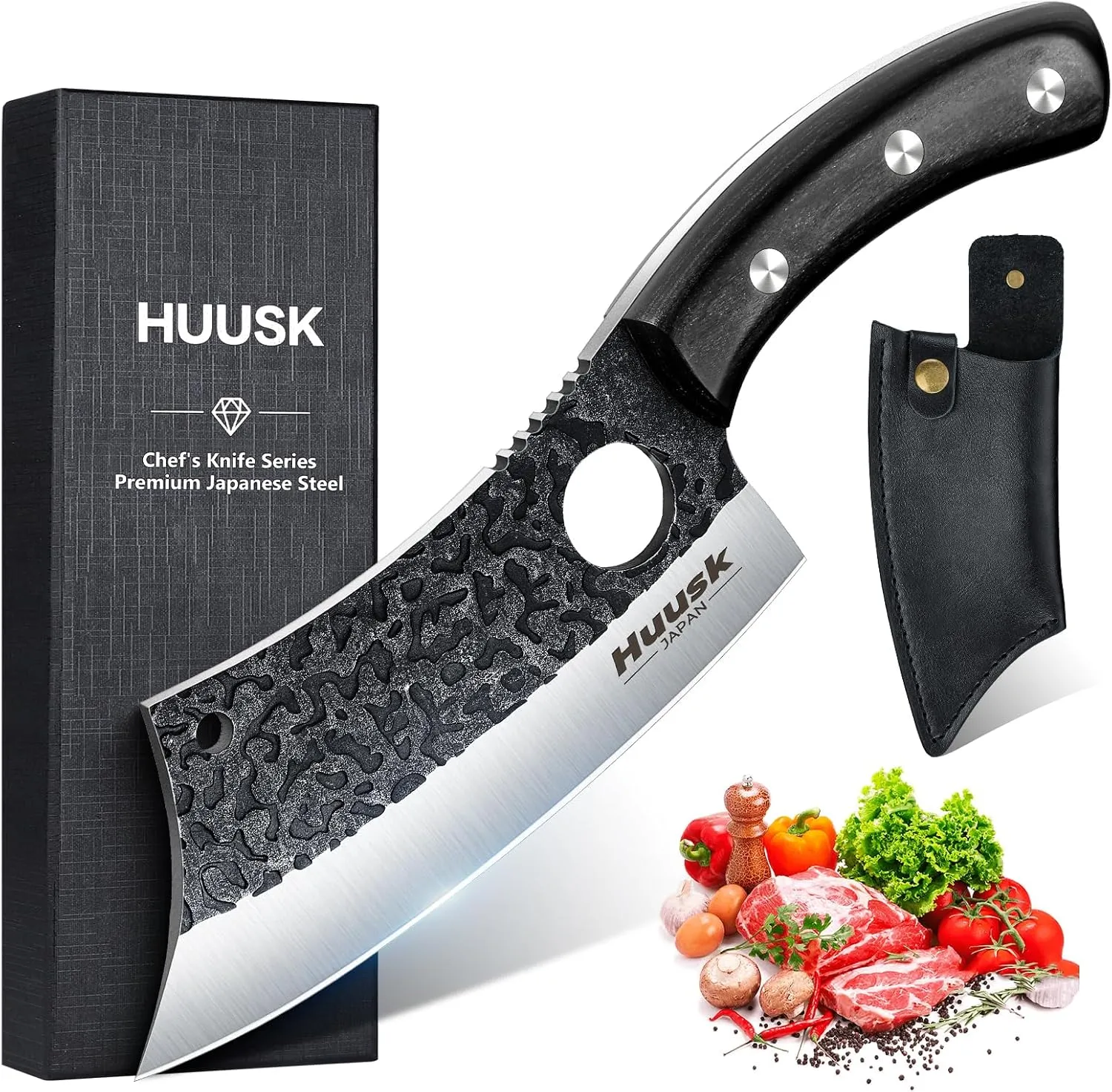 Huusk Knives Japan, Hand Forged Meat Cleaver Knife with Sheath, High Carbon Steel Kitchen Knife for Meat and Vegetables, Full Tang Butcher Knife for Camping, BBQ, Gift for Men Women