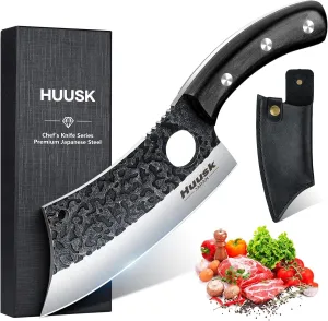 Huusk Knives Japan, Hand Forged Meat Cleaver Knife with Sheath, High Carbon Steel Kitchen Knife for Meat and Vegetables, Full Tang Butcher Knife for Camping, BBQ, Gift for Men Women