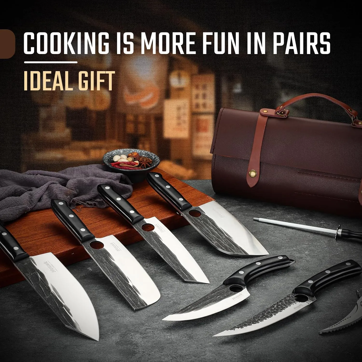 Huusk Knives Set, Serbian Chef Knife Set with Bag, Japanese Kitchen Knives Set, Hand Forged High Carbon Steel Knife Set, Full Tang Knives with Ebony Handle, Butcher Knife Set for Dad, Gif for Men