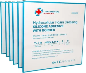Hydrocellular Foam Dressings Silicone Adhesive with Border - 7 x 7 inches (5 pcs per Pack) | Gentle Adhesive, Sterile, Soft, Breathable, and Comfortable for Wounds, Cuts, and Scrapes