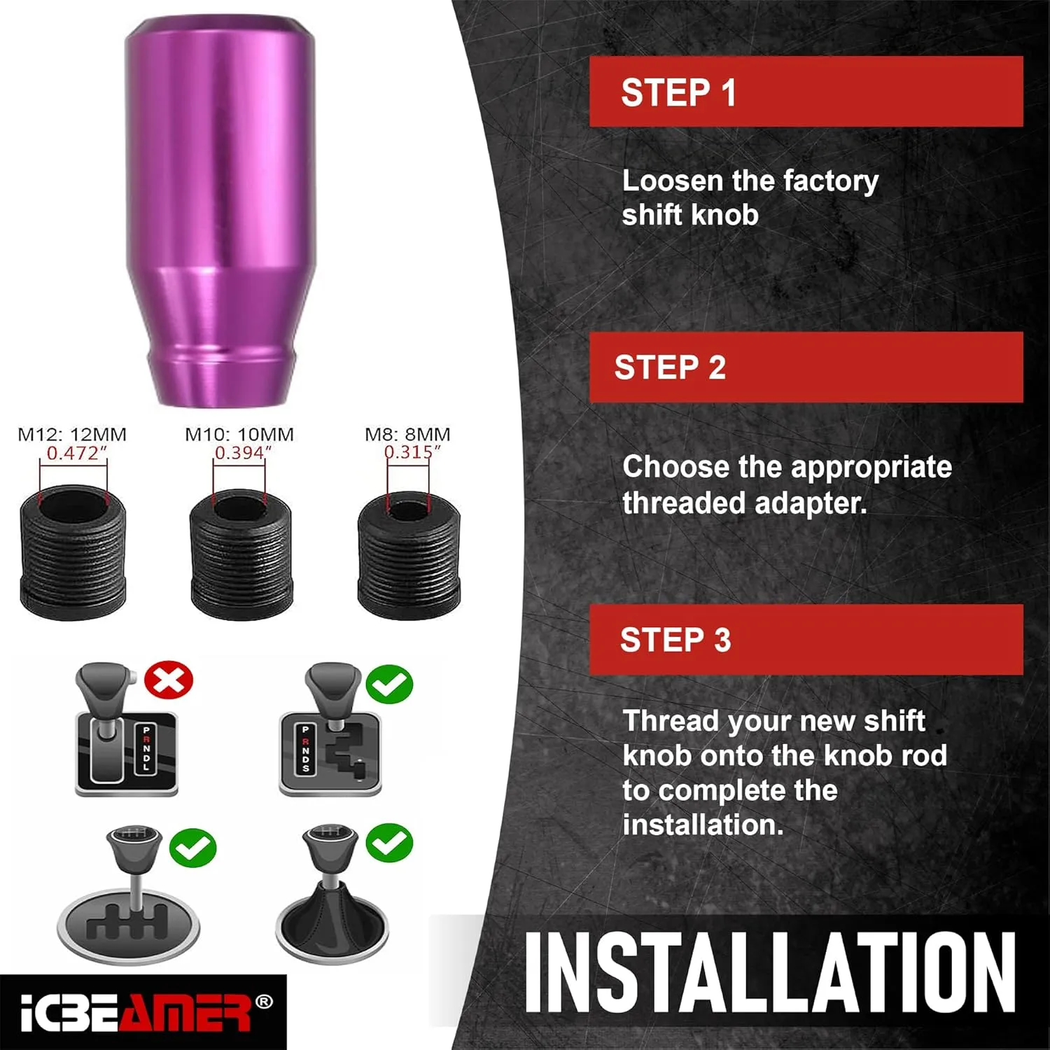 ICBEAMER Purple Aluminum Shift Knob | Fits Automatic and 4, 5, 6 Speed Manual Transmission Vehicles | Interior Car Gear Lever Stick Shift Handle | Automotive Replacement Parts | 1 Piece