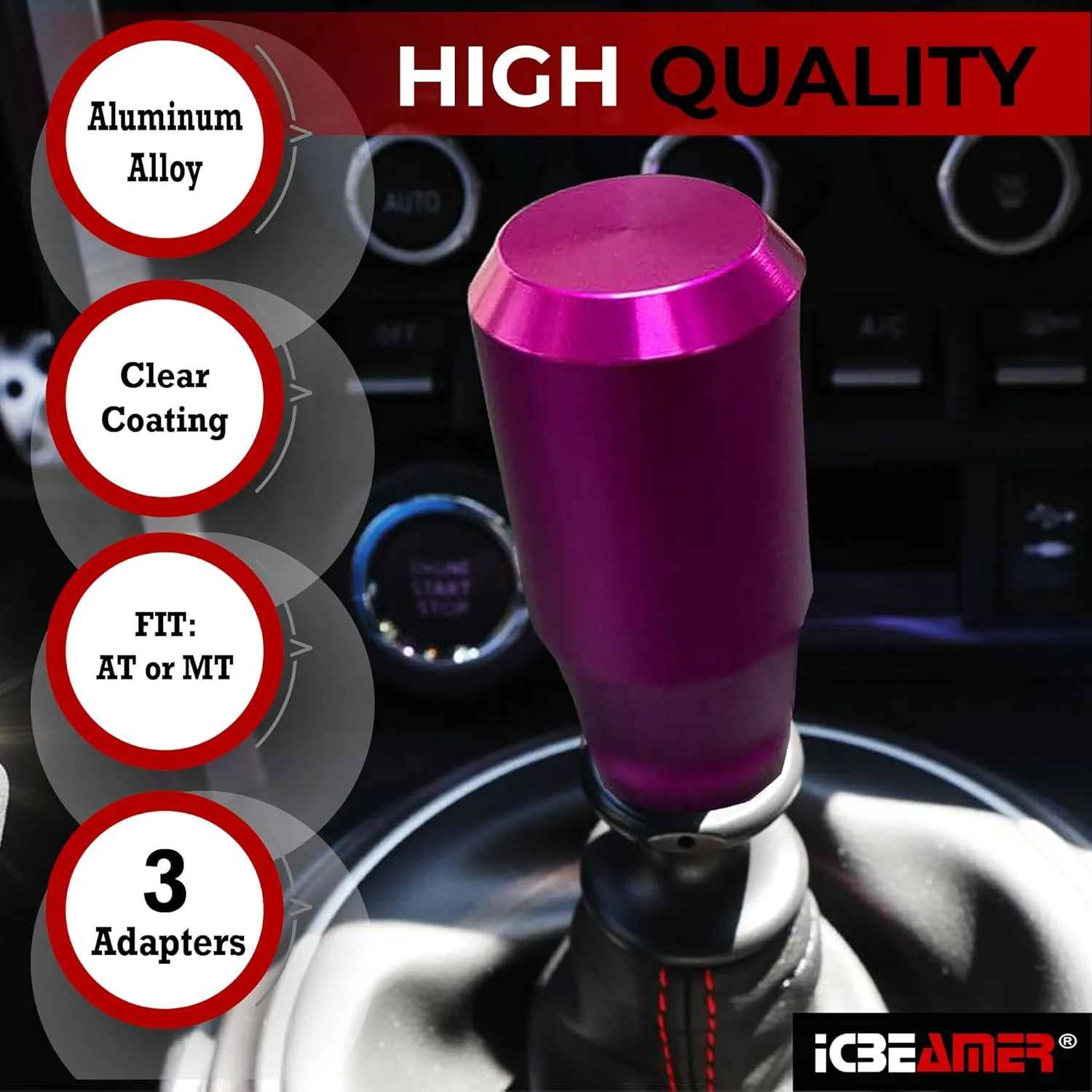 ICBEAMER Purple Aluminum Shift Knob | Fits Automatic and 4, 5, 6 Speed Manual Transmission Vehicles | Interior Car Gear Lever Stick Shift Handle | Automotive Replacement Parts | 1 Piece