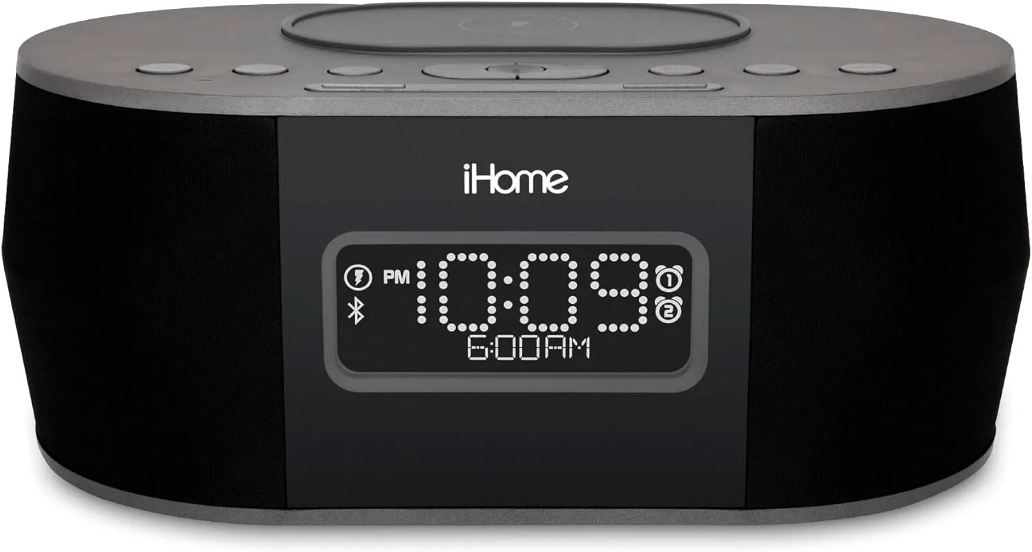 iHome Alarm Clock for Bedroom with Wireless Charger, Bluetooth Speaker, and USB Charger for iPhone, Android, and More (iBTW38)