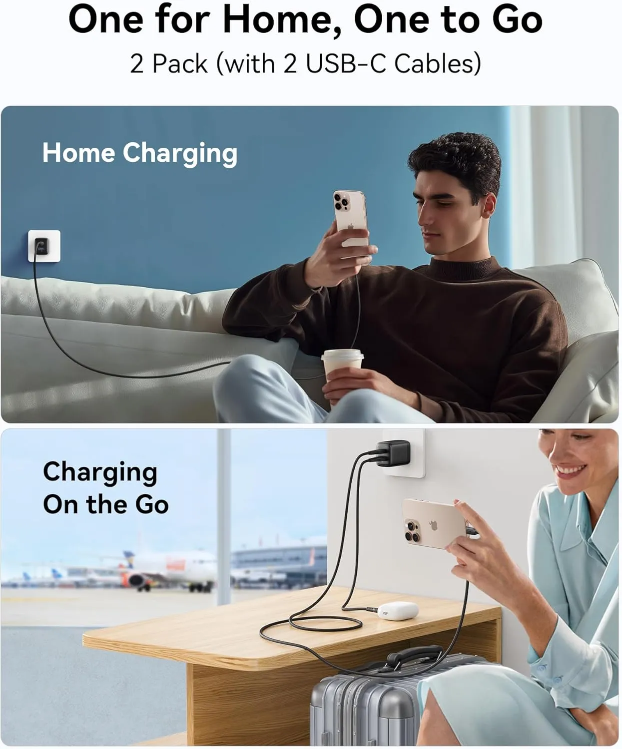 INIU USB C Charger, 2-Pack 30W PD QC 3.0 Dual Port Fast Charging Type C Charger Block with 5ft USB-C Cable, Compact USB C Wall Charger with Foldable Plug for iPhone 16 15 14 Pro Max Samsung S23 S22