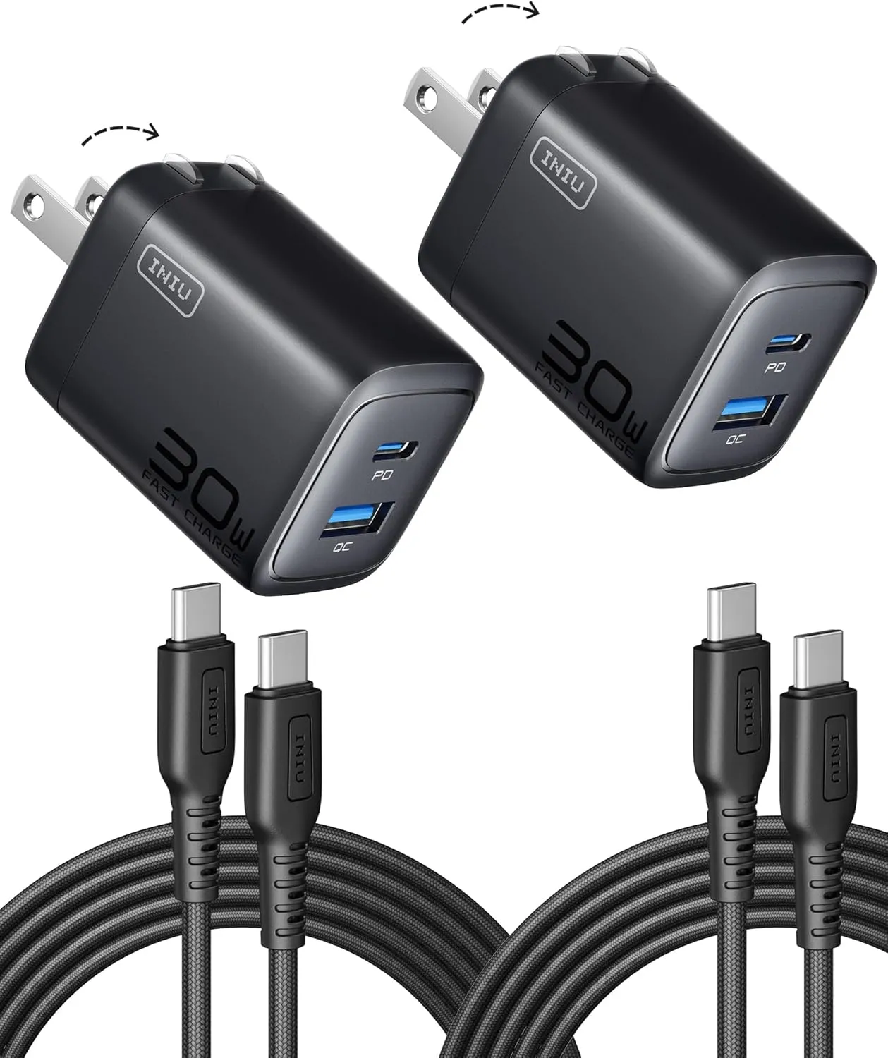 INIU USB C Charger, 2-Pack 30W PD QC 3.0 Dual Port Fast Charging Type C Charger Block with 5ft USB-C Cable, Compact USB C Wall Charger with Foldable Plug for iPhone 16 15 14 Pro Max Samsung S23 S22