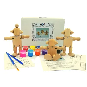 Ink and Trinket Kids Robot Painting Craft Kit, Make Your Own Poseable Robot Toy, 3 Unique Wooden Doll Designs, DIY Wooden Toys for Boys and Girls