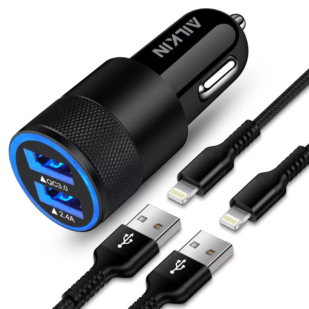 iPhone Car Charger,AILKIN USB Car Charger,Dual USB Lightning Car Charger Adapter Car Socket Cigarette Lighter QC3.0/2.4A iPhone Car Charger with 2PCS Lightning Cable 6ft（Black)