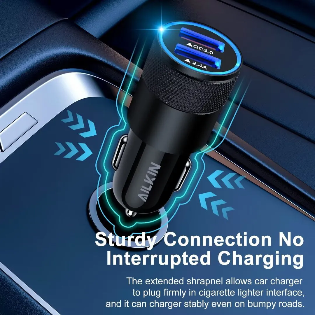 iPhone Car Charger,AILKIN USB Car Charger,Dual USB Lightning Car Charger Adapter Car Socket Cigarette Lighter QC3.0/2.4A iPhone Car Charger with 2PCS Lightning Cable 6ft（Black)