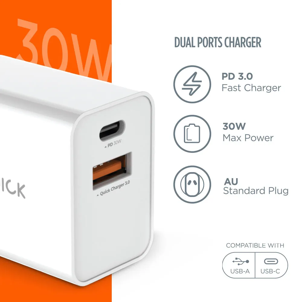 iQuick 30W PD3.0 QC3.0 Dual Port Charger - White