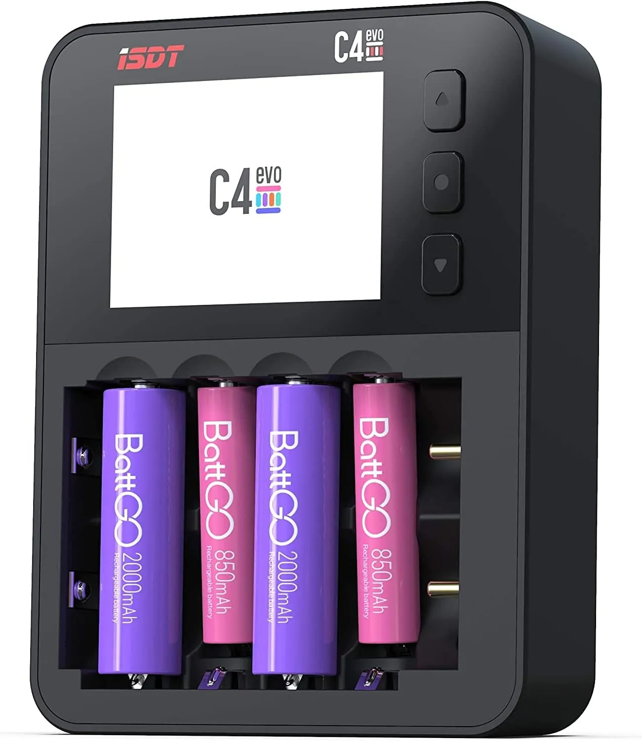 ISDT C4 EVO Smart Balance charger LCD Disply Screen for Rechargeable Batteries AA AAA Cylindrical Li-ion Lipo 10440 14500 16340 20650,20700 Battery Balance Charger