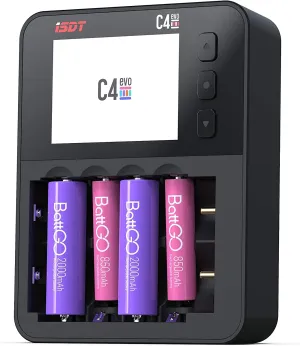 ISDT C4 EVO Smart Balance charger LCD Disply Screen for Rechargeable Batteries AA AAA Cylindrical Li-ion Lipo 10440 14500 16340 20650,20700 Battery Balance Charger