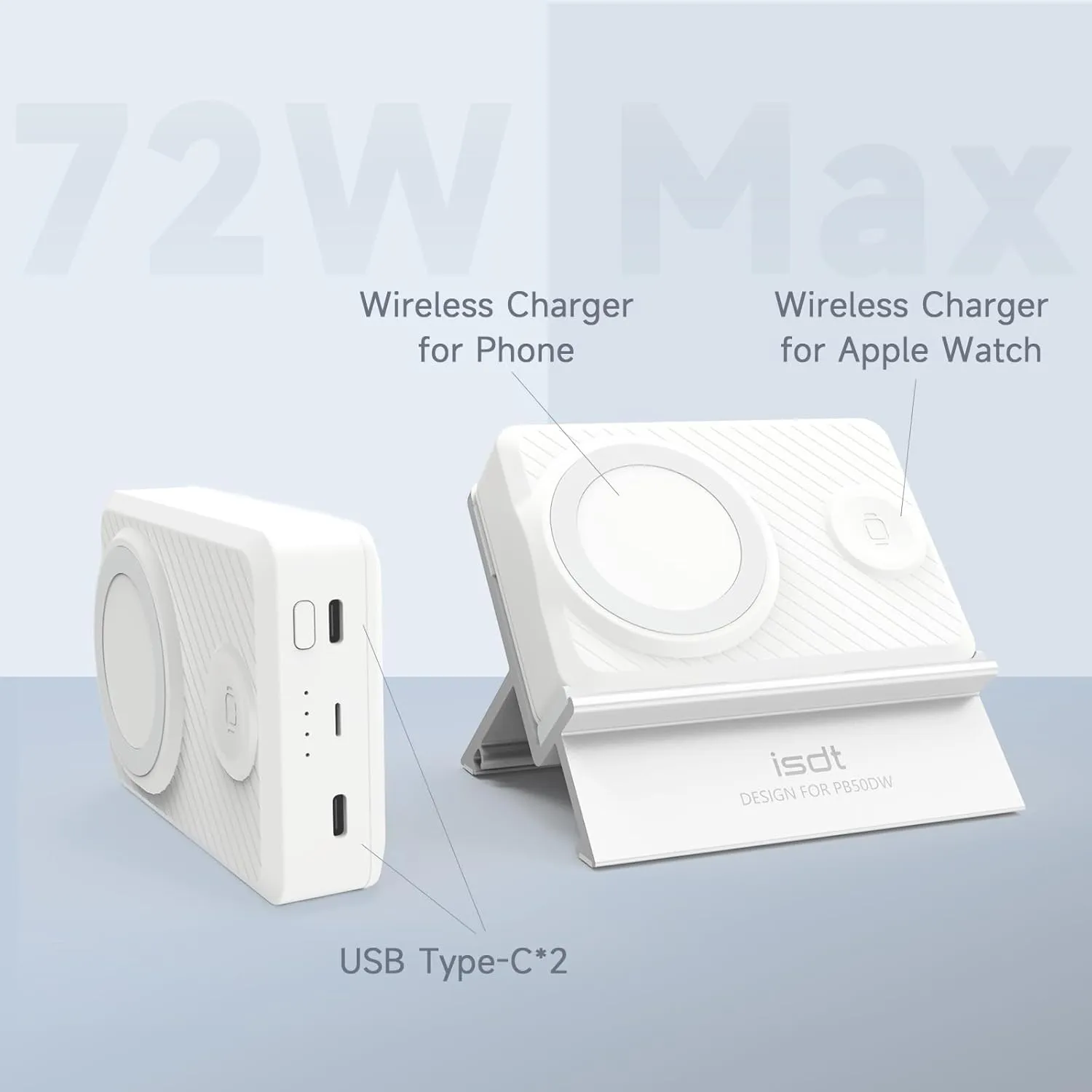 ISDT PB50DW 15000mAh Power Bank for MagSafe Wireless Charger,Magnetic 2 in 1 Charger,Fast Wireless Charging,Compatible with iPhone 15 Pro Max/Plus/14/13 Series,AirPods 3/2/Pro,iWatch