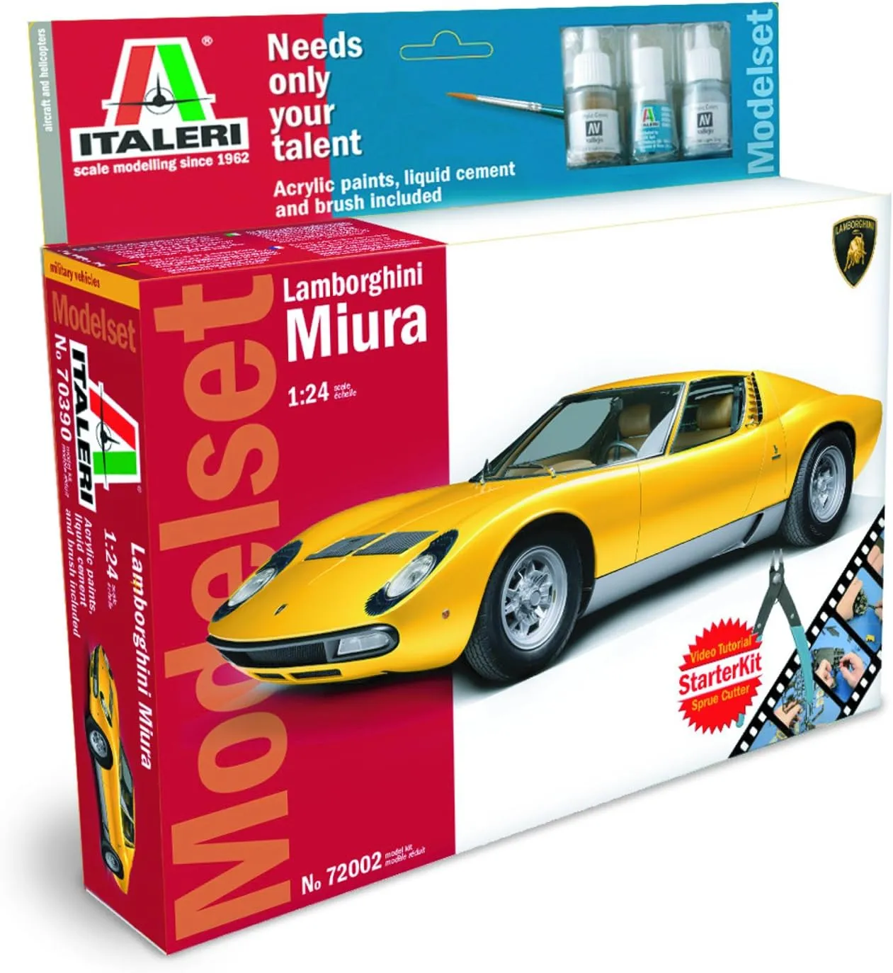 Italeri 72002 Lamborghini Miura Plastic Model Starter Set with Paint, Cement, Sprue Cutter and Instructional Video Download, 1:24 Scale