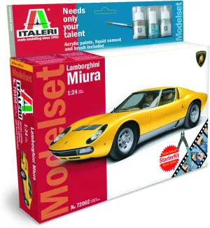 Italeri 72002 Lamborghini Miura Plastic Model Starter Set with Paint, Cement, Sprue Cutter and Instructional Video Download, 1:24 Scale
