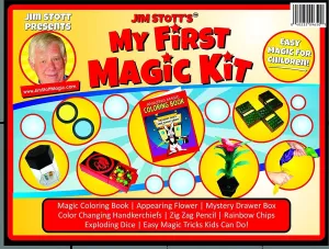 Jim Stott’s 'My First Magic Kit' for Kids, Magic Tricks Set for Girls and Boys, Appearing Flower, Magic Coloring Book, Color Changing Handkerchiefs, Exploding Dice, and More