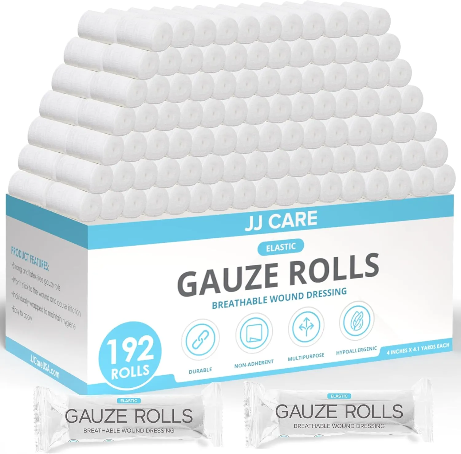 JJ CARE Gauze Rolls - 192 Individually Wrapped Rolls - 4 inches x 4.1 Yards - Breathable Gauze Bandage Perfect for Gentle and Effective Wound Care & First Aid