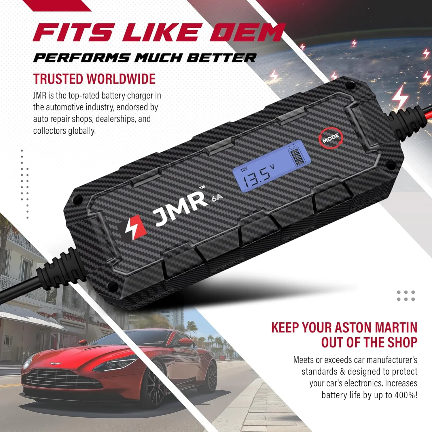 JMR Battery Charger for Aston Martin DB11 DBX Vantage DBS DB12 Trickle Charger Conditioner Maintainer (Magnetic Port, No Lithium Mode)