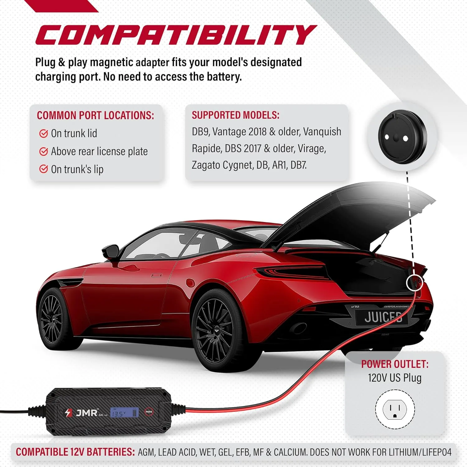 JMR Battery Charger for Aston Martin DB11 DBX Vantage DBS DB12 Trickle Charger Conditioner Maintainer (Magnetic Port, No Lithium Mode)