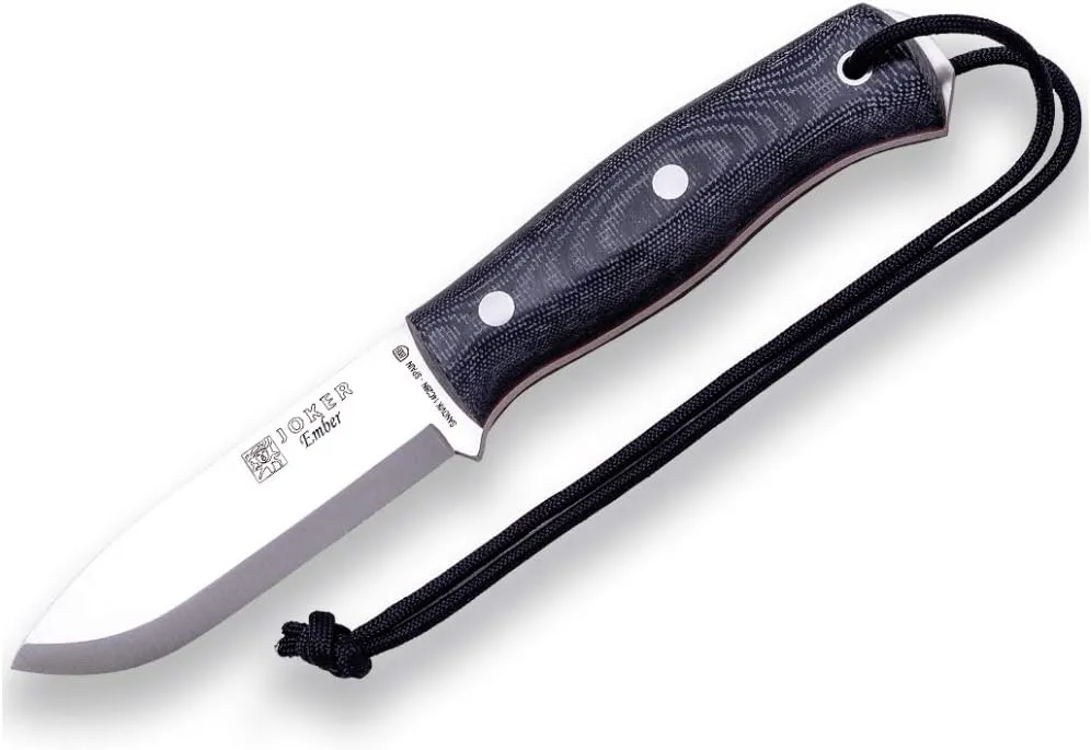 Joker Ember Scandi CM122-P Outdoor Tool with Leather Sheath – 4.13" Sandvik 14C28N Steel Blade – Versatile Knife for Fishing, Camping, Hiking and Bushcraft (Micarta Canvas, Leather Sheath with FireStarter)