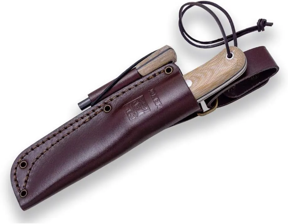 Joker Hunting Knife CM124-P Trampero Scandi, 3.94 inches Blade in Steel Sandvik 14C28N, Brown Leather Sheath, Tool for Fishing, Hunting, Camping and Hiking (Micarta Canvas, Leather Sheath   FireStarter)