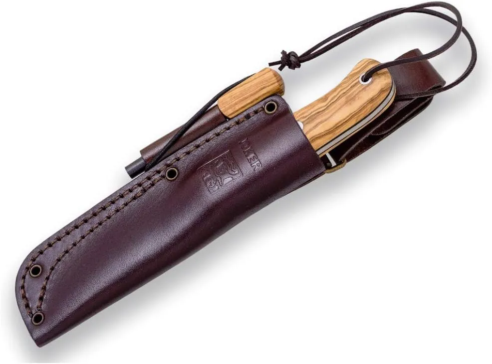 Joker Hunting Knife CO112-P BS9 Campero, Blade 4.13 inches Steel of SANDVIK 14C28N, with Brown Leather Sheath, Tool for Fishing, Hunting, Camping and Hiking (Olive Wood, Leather Sheath   FireStarter)