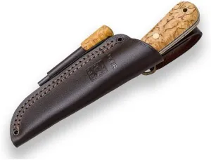 Joker Knife Mountaineer 135, 4.3 in. Blade Sandvik 14C28N, Curly Birch Handle, Brown Leather Sheath, Fishing, Hunting, Camping and Trekking Tool (Leather Sheath with FireStarter)