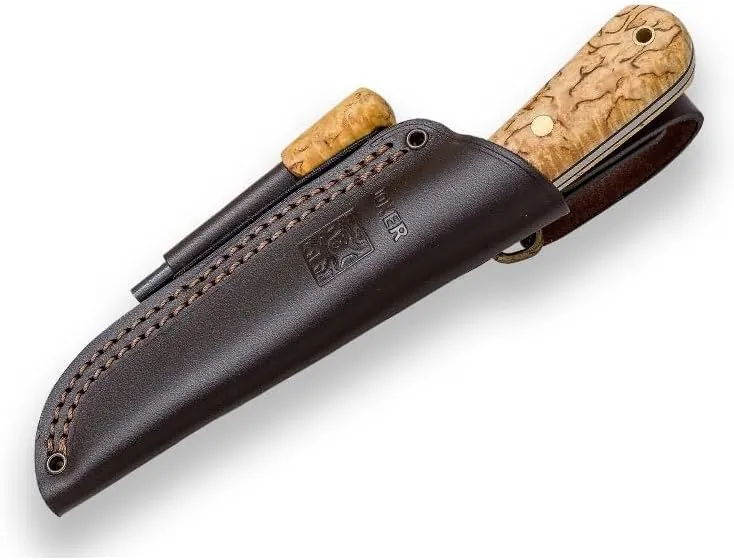 Joker Knife Mountaineer 135, 4.3 in. Blade Sandvik 14C28N, Curly Birch Handle, Brown Leather Sheath, Fishing, Hunting, Camping and Trekking Tool (Leather Sheath with FireStarter)