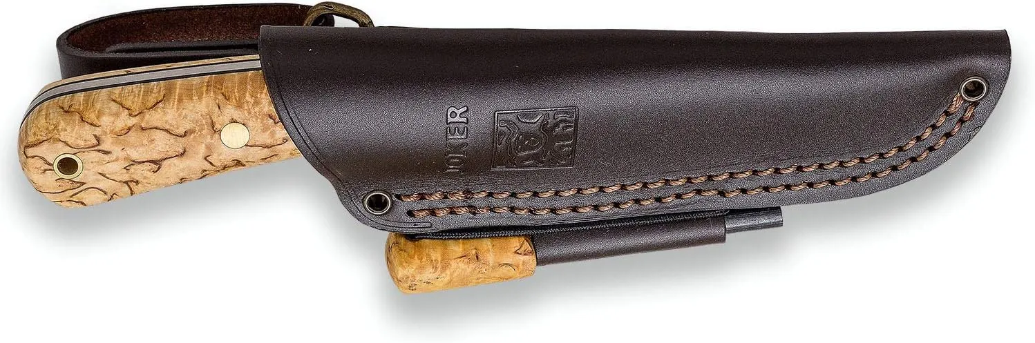 Joker Knife Mountaineer 135, 4.3 in. Blade Sandvik 14C28N, Curly Birch Handle, Brown Leather Sheath, Fishing, Hunting, Camping and Trekking Tool (Leather Sheath with FireStarter)