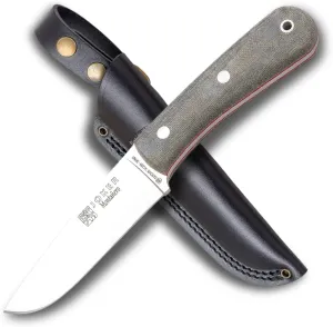 Joker Mountaineer CV134 hunting knife, 4.3in Sandvik 14C28N blade, brown leather sheath, fishing, hunting, camping and hiking tool (Green Micarta Canvas)