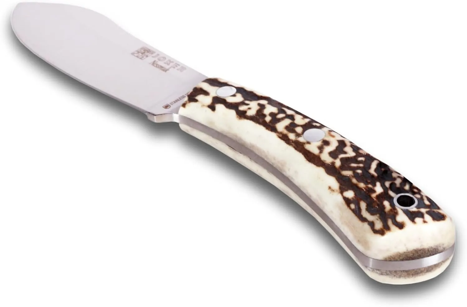 Joker Nessmuk Bushcraf and survival Knife, 11cm/4.3in Sandvik 14C28N Blade with Flat Grinding, for Fishing, Hunting, Camping and Hiking Tool (Deer Horn, WithOut FireStarter)