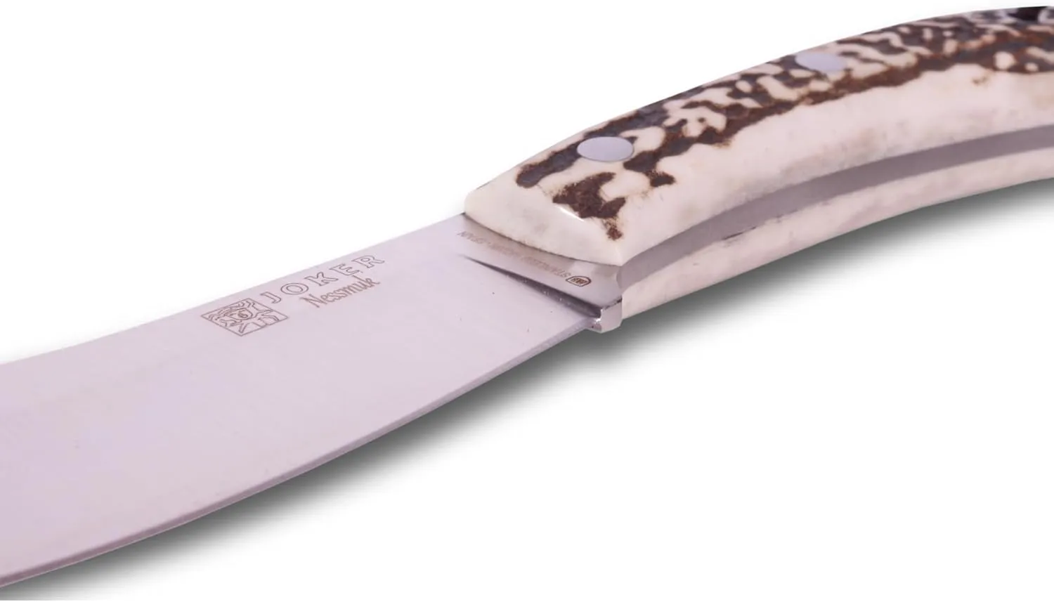 Joker Nessmuk Bushcraf and survival Knife, 11cm/4.3in Sandvik 14C28N Blade with Flat Grinding, for Fishing, Hunting, Camping and Hiking Tool (Deer Horn, WithOut FireStarter)