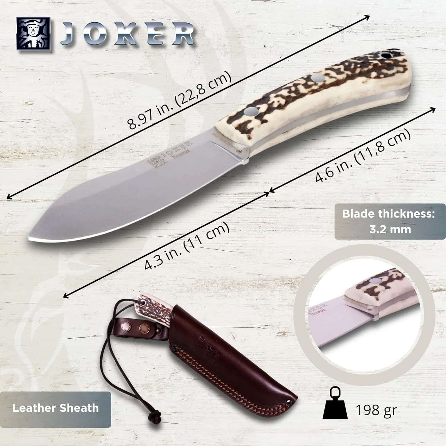 Joker Nessmuk Bushcraf and survival Knife, 11cm/4.3in Sandvik 14C28N Blade with Flat Grinding, for Fishing, Hunting, Camping and Hiking Tool (Deer Horn, WithOut FireStarter)