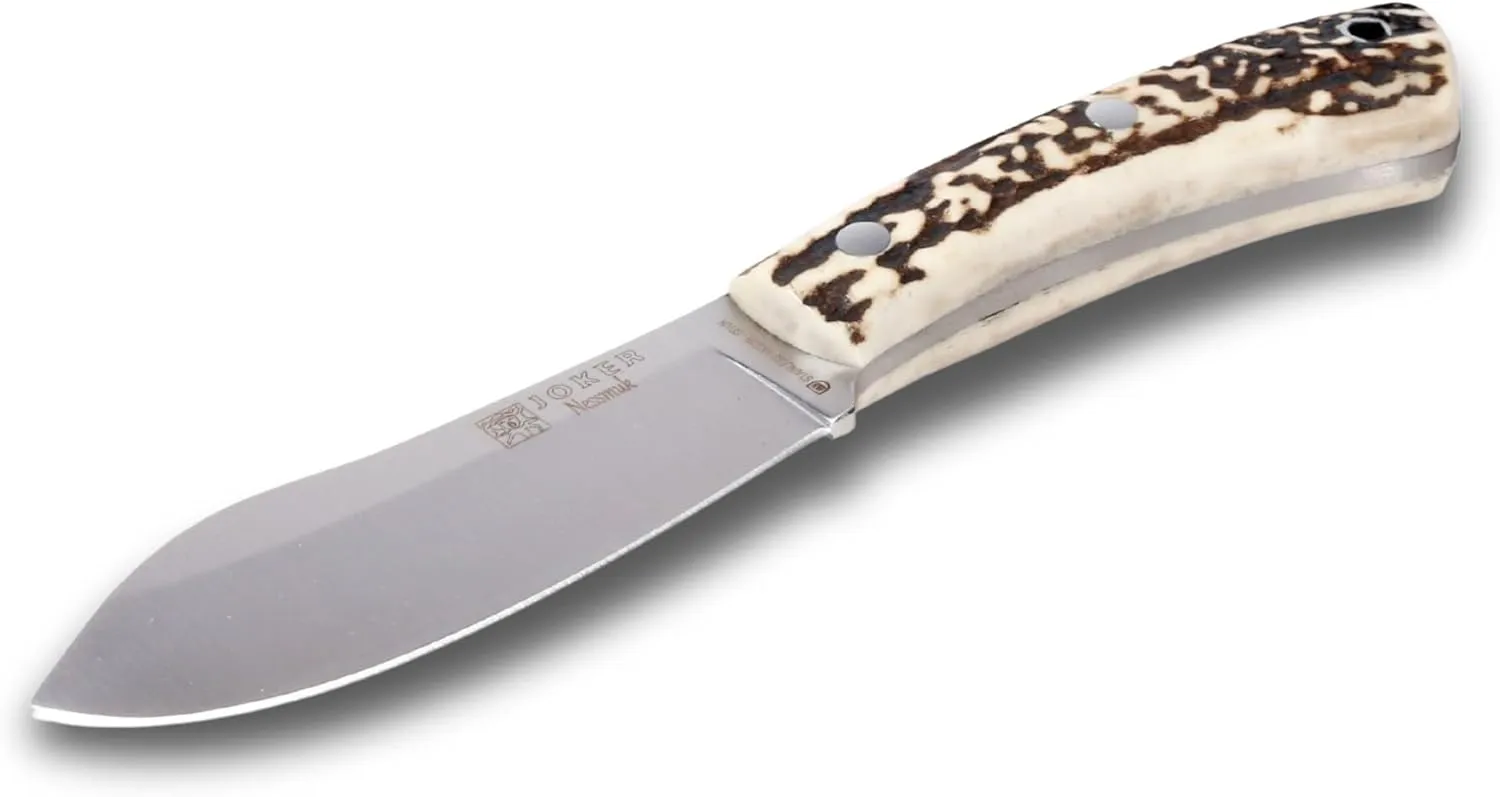 Joker Nessmuk Bushcraf and survival Knife, 11cm/4.3in Sandvik 14C28N Blade with Flat Grinding, for Fishing, Hunting, Camping and Hiking Tool (Deer Horn, WithOut FireStarter)