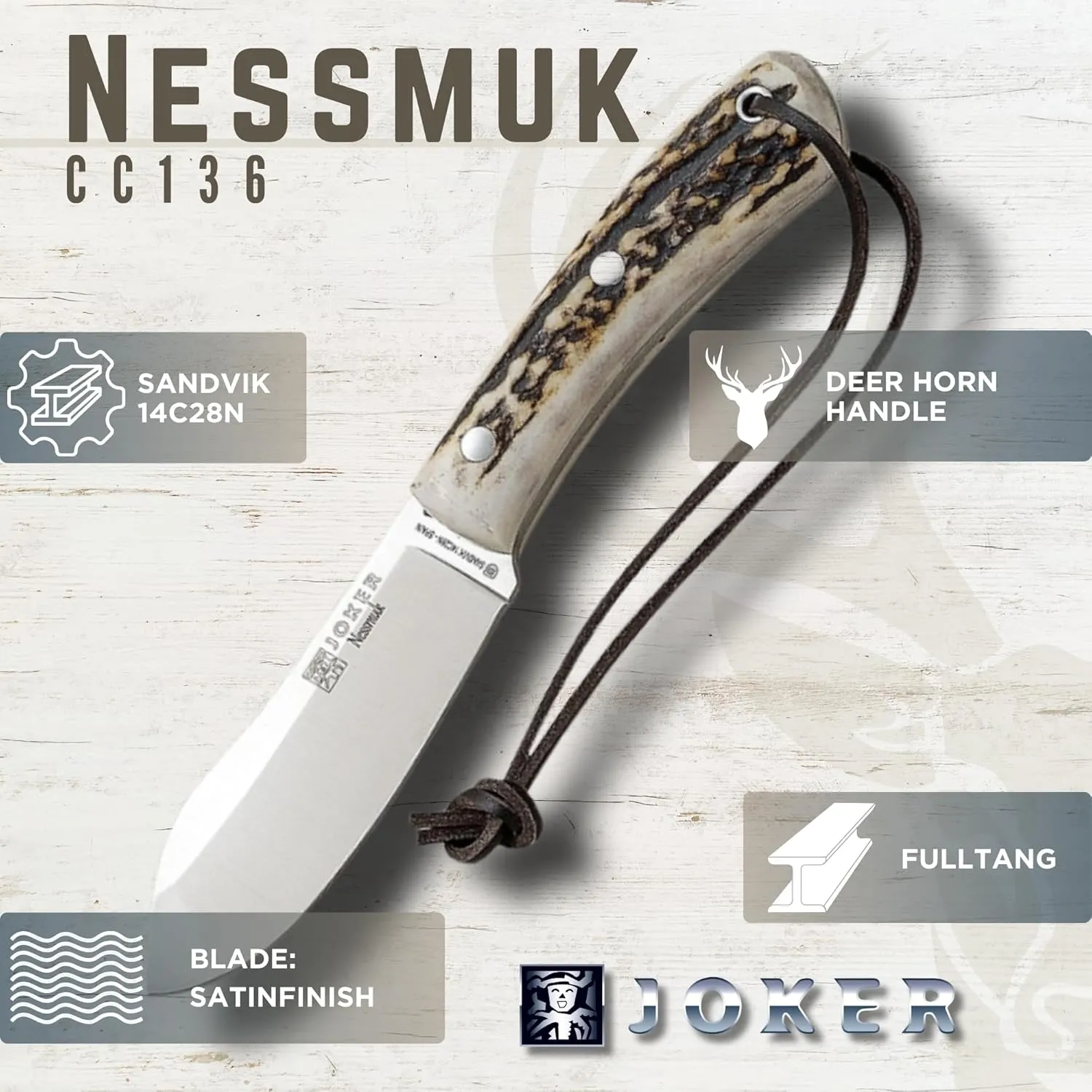 Joker Nessmuk Bushcraf and survival Knife, 11cm/4.3in Sandvik 14C28N Blade with Flat Grinding, for Fishing, Hunting, Camping and Hiking Tool (Deer Horn, WithOut FireStarter)