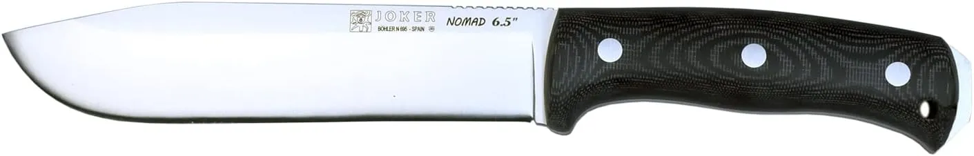 Joker NOMAD 6.5" Survival Knife, 6.5-inch Blade, Black Micarta / Walnut / Green Micarta Handle, Black Leather Sheath – Tool for Fishing, Hunting, Camping, and Hiking (Black Micarta, Leather Sheath   FireStarter)