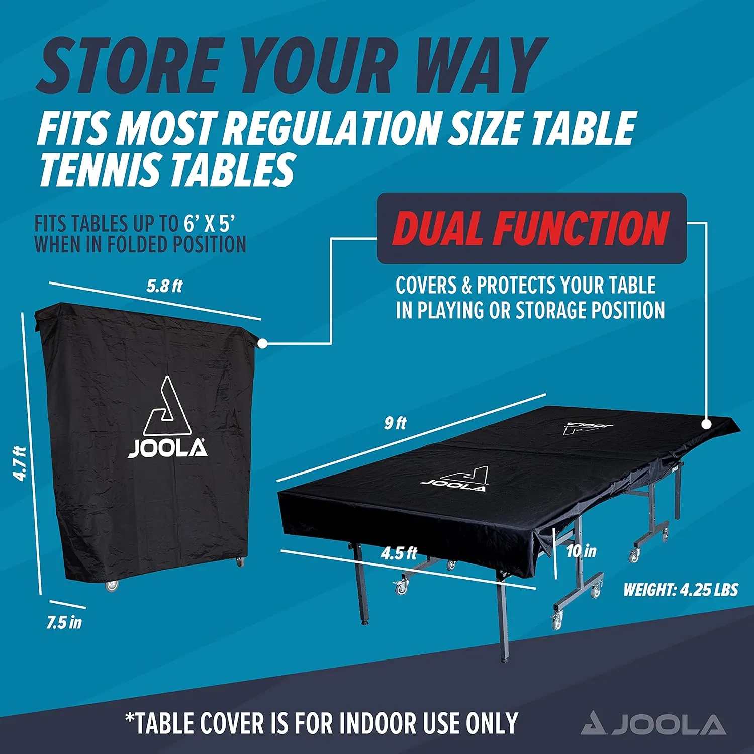 JOOLA Indoor Ping Pong Table Cover Fits Both Folding Tables & Flat Tables with Nets - Easy Lift Water Resistant Table Tennis Cover - Dual Function, Fits 9x5 Tables in Upright or Down Positions