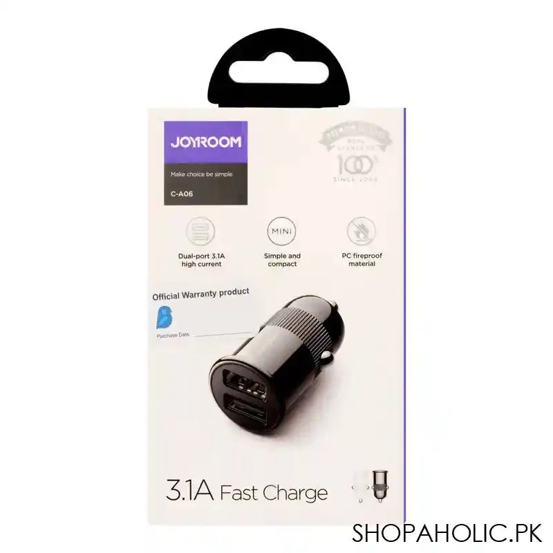 Joyroom 3.1A Mini Dual-Port Fast Car Charger, Black, C-A06