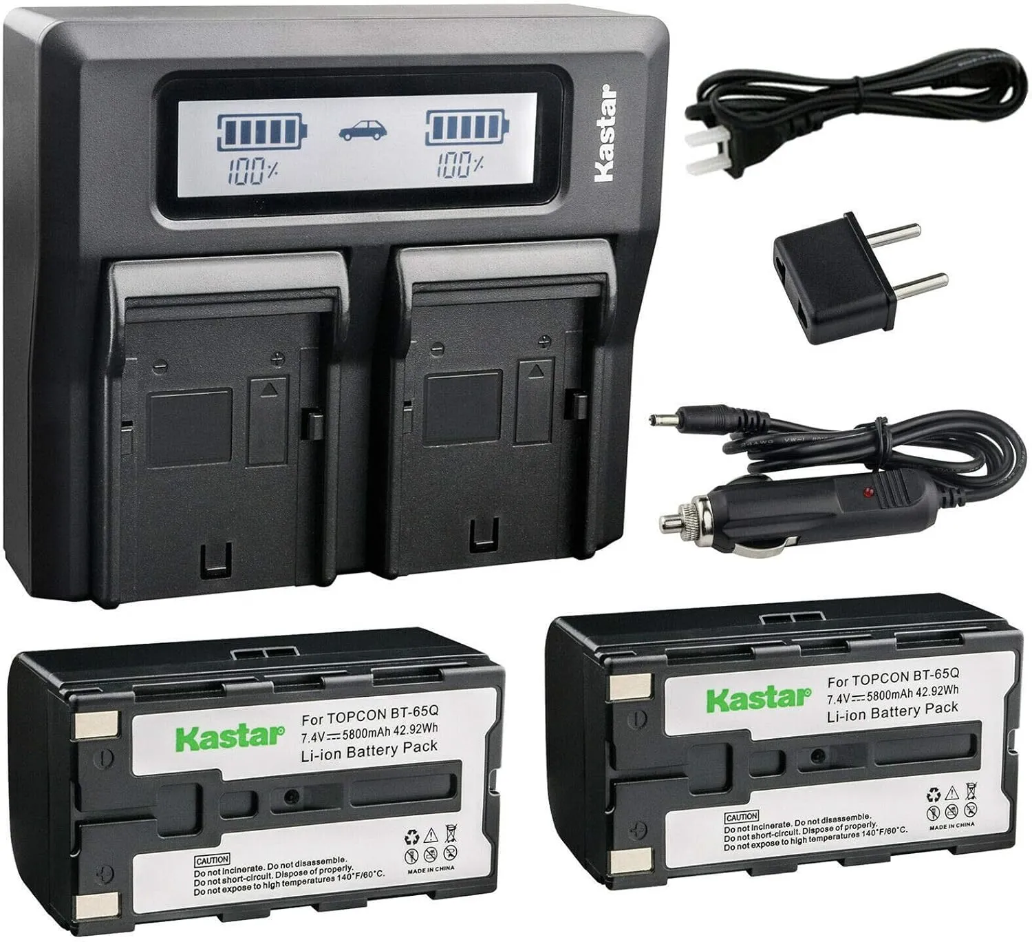 Kastar Battery 2 Pack and LCD Dual Fast Charger for Topcon BT-65Q, Topcon BC-30 BC-30D BT-30, Topcon Total Stations FC-200 FC-2200 FC-2500 GPT-7000i GTS-750 GTS-751 GPT-7500 GTS-900 GPT-9000